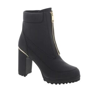 DKNY Logan Lug Sole Combat‎ Boots Black Faux Leather Zipper Gold Accents 6